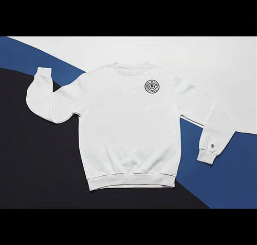 White sweatshirt with a logo on a black and blue gradient background